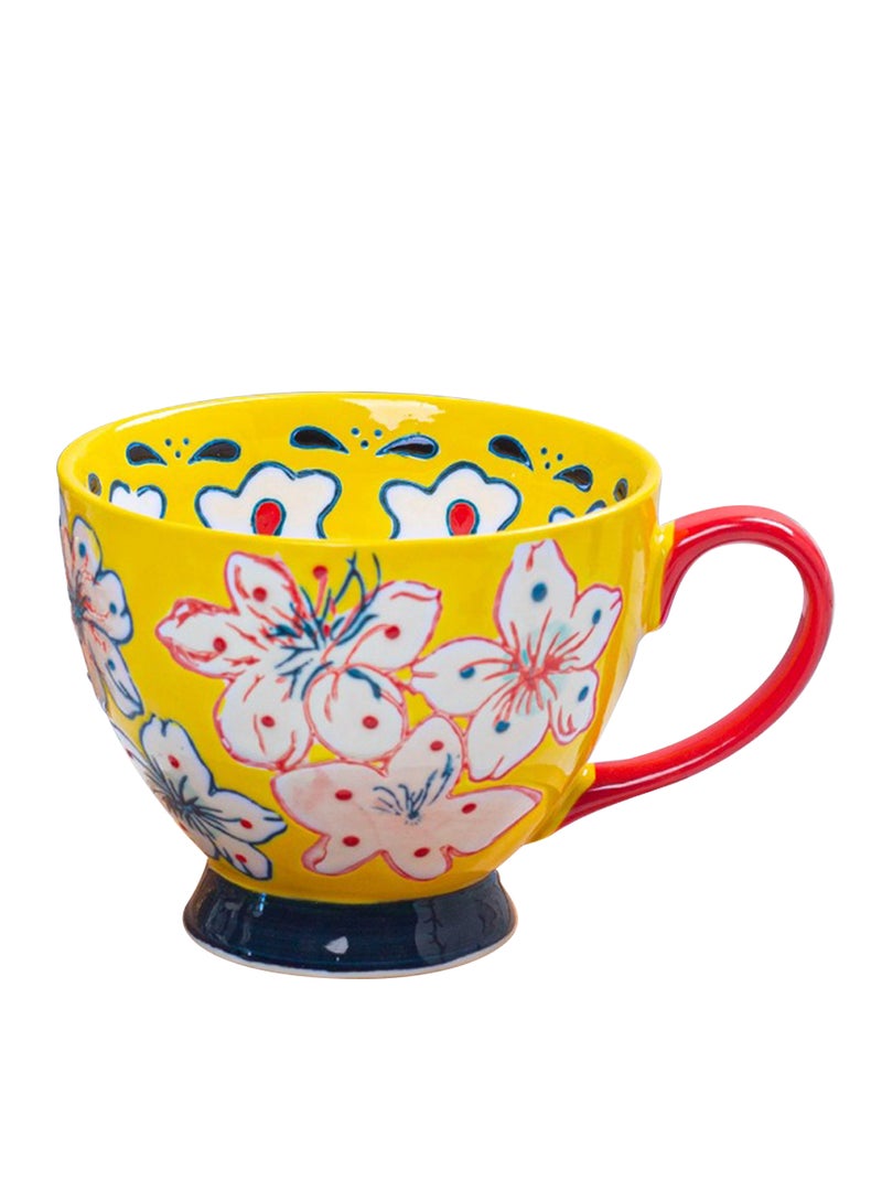 Ceramic Coffee Mug, Flower-Painted Underglaze Cup, Multipurpose Drinkware for Juice, Milk, Oatmeal, Oven, Dishwasher and Microwave Safe, 500ml (Yellow) - Image 1