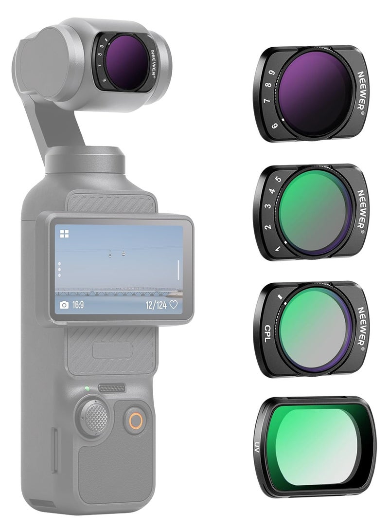 Neewer Magnetic Variable ND Filter Set Compatible with DJI OSMO Pocket 4 Pocket 3, 4 Pack UV CPL ND2-32(1-5 Stop) ND64-512(6-9 Stop) Neutral Density Filter,Multicoated HD Optical Glass/Aluminum Frame UV+CPL +VARIABLE ND64-512+ VARIABLE ND2-32 Filter Kit (No camera included) - Image 1