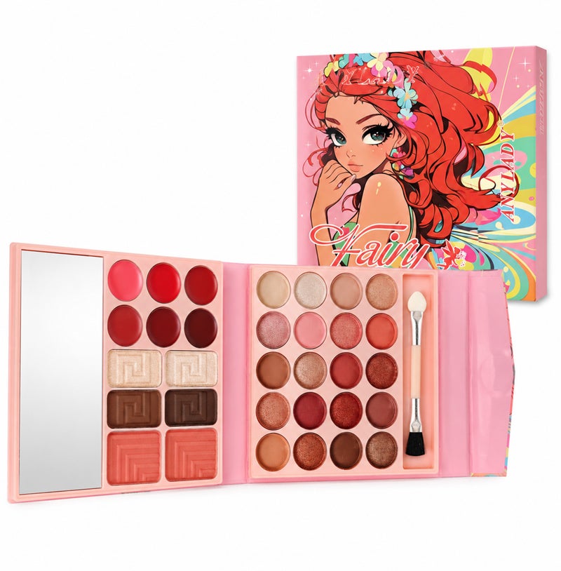 Me Now Fairy Makeup Palette with Mirror, All in One Cosmetic Kit with Eyeshadow, Highlighter, Blusher, Eyebrow Powder and Lip Colors, Portable Book Style Palette Fairy Red Hair - Image 1