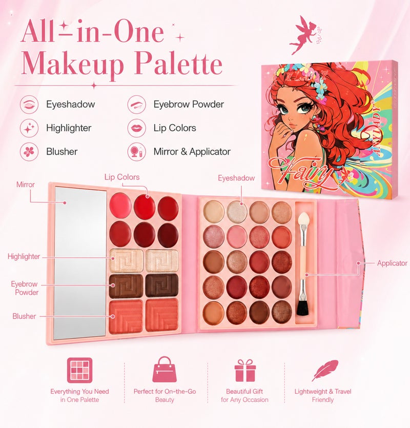 Me Now Fairy Makeup Palette with Mirror, All in One Cosmetic Kit with Eyeshadow, Highlighter, Blusher, Eyebrow Powder and Lip Colors, Portable Book Style Palette Fairy Red Hair - Image 2