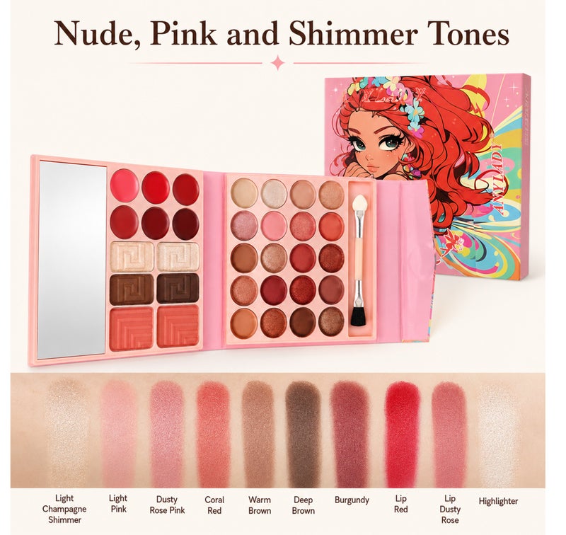 Me Now Fairy Makeup Palette with Mirror, All in One Cosmetic Kit with Eyeshadow, Highlighter, Blusher, Eyebrow Powder and Lip Colors, Portable Book Style Palette Fairy Red Hair - Image 4