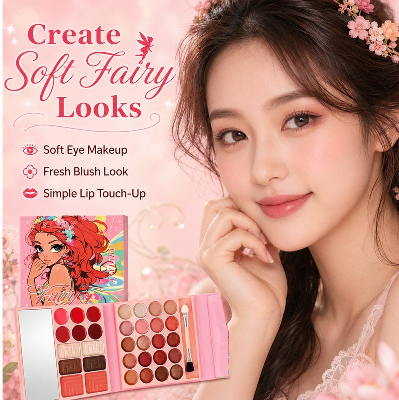 Me Now Fairy Makeup Palette with Mirror, All in One Cosmetic Kit with Eyeshadow, Highlighter, Blusher, Eyebrow Powder and Lip Colors, Portable Book Style Palette Fairy Red Hair - Image 5