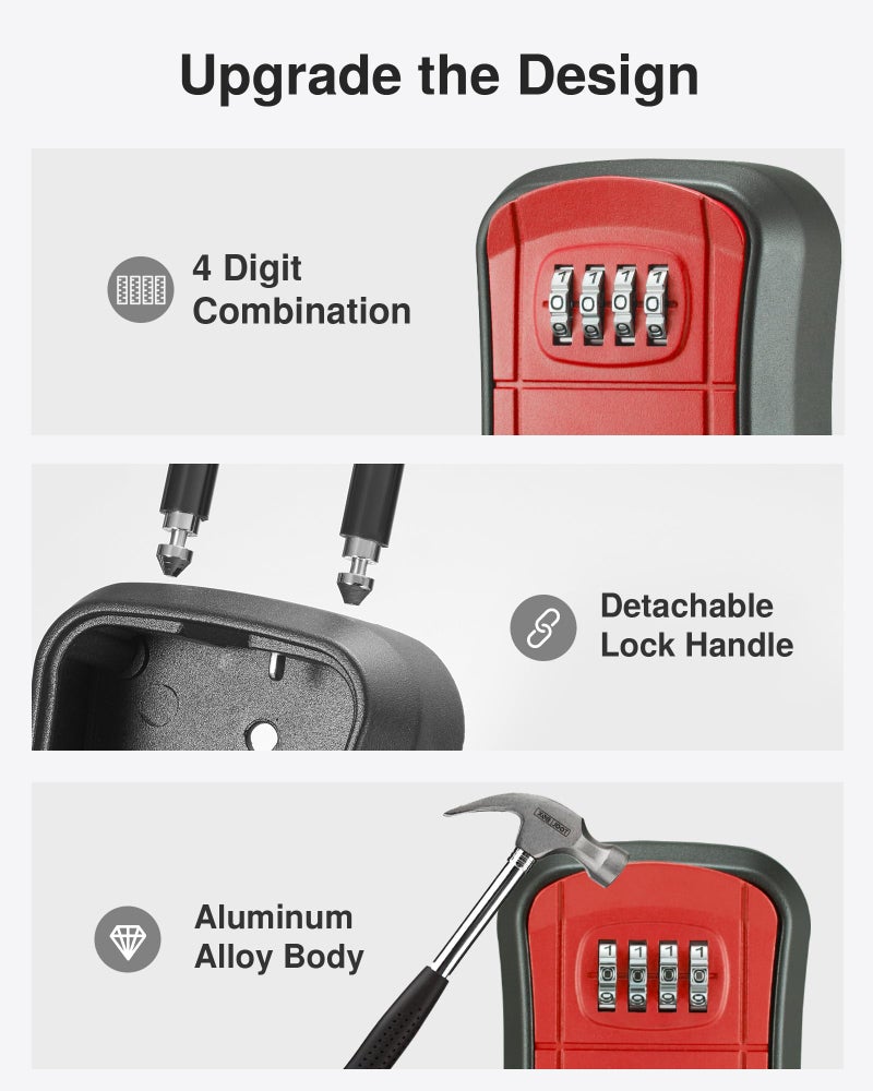 Puroma Key Lock Box, Portable Combination Lockbox Wall-Mounted Key Storage Box for House Keys, Resettable Code Safe Security Lock Box for Home, Office, Apartment Spare Key Storage (1 Pack, Red) - Image 4