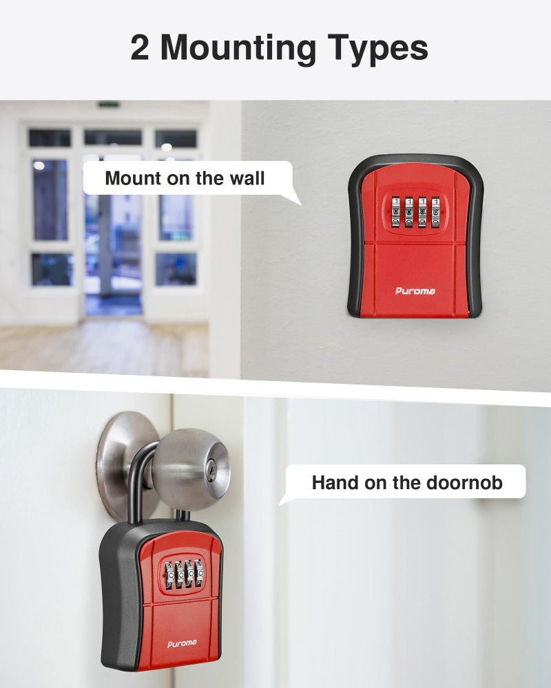 Puroma Key Lock Box, Portable Combination Lockbox Wall-Mounted Key Storage Box for House Keys, Resettable Code Safe Security Lock Box for Home, Office, Apartment Spare Key Storage (1 Pack, Red) - Image 2