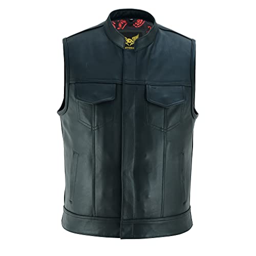 Leatherick Mens Black Motorcycle Vests - SOA Club & Traditional Paisley Satin Liner Leather Biker Vests (US, Alpha, Medium, Regular, Regular, Red & Black Paisley (With Black Stitching)) - Image 1