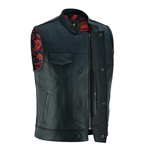 Leatherick Mens Black Motorcycle Vests - SOA Club & Traditional Paisley Satin Liner Leather Biker Vests (US, Alpha, Medium, Regular, Regular, Red & Black Paisley (With Black Stitching)) - Image 3
