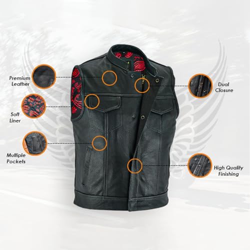 Leatherick Mens Black Motorcycle Vests - SOA Club & Traditional Paisley Satin Liner Leather Biker Vests (US, Alpha, Medium, Regular, Regular, Red & Black Paisley (With Black Stitching)) - Image 5
