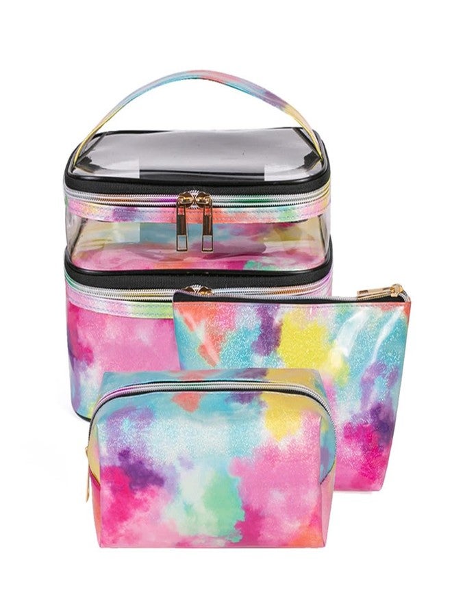 FITINI 3 Pieces Makeup Bags Double Layer Travel Large Cosmetic Cases Organizer Toiletry Bags Waterproof Small Zipper Pouch for Women Makeup Brush Storage Bag,Tie Dyed - Image 1