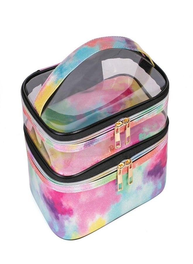 FITINI 3 Pieces Makeup Bags Double Layer Travel Large Cosmetic Cases Organizer Toiletry Bags Waterproof Small Zipper Pouch for Women Makeup Brush Storage Bag,Tie Dyed - Image 2