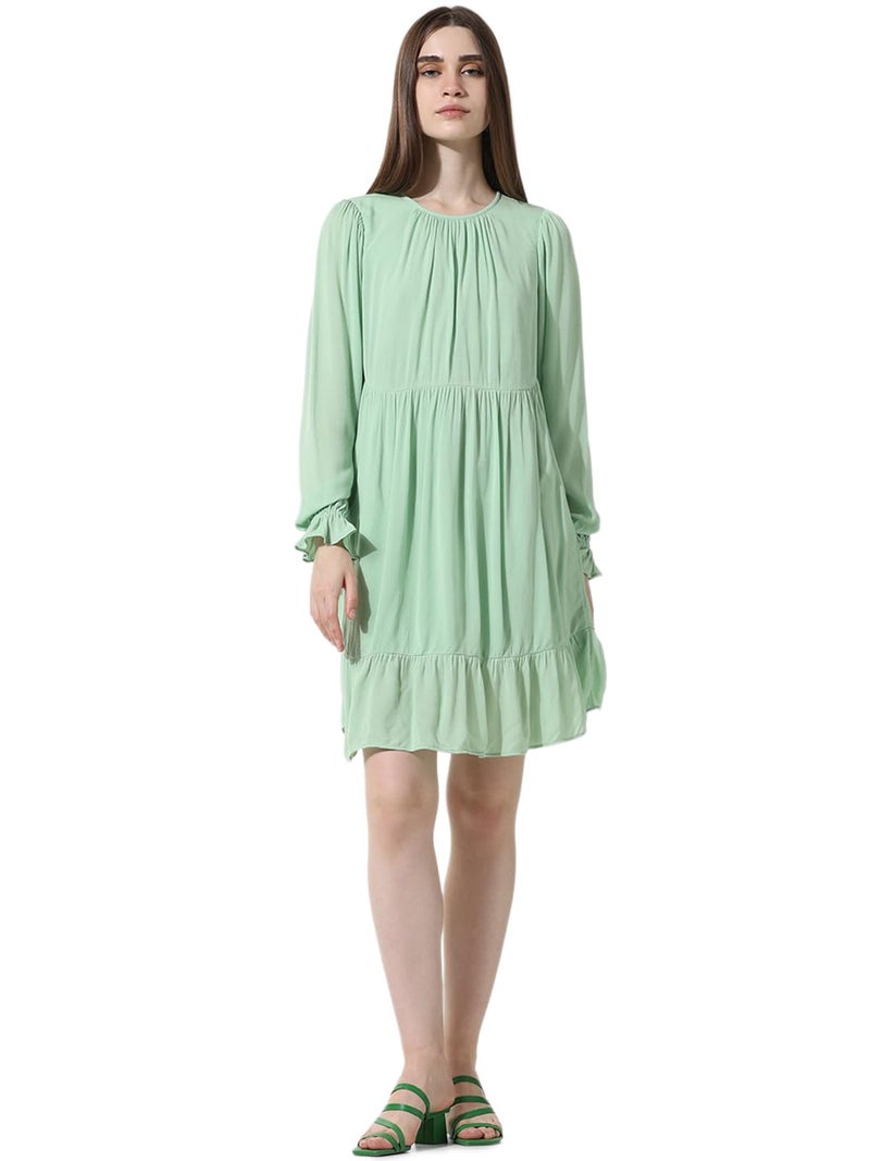 ONLY Women Solid Viscose Above Knee Green Tiered Dress - Image 3