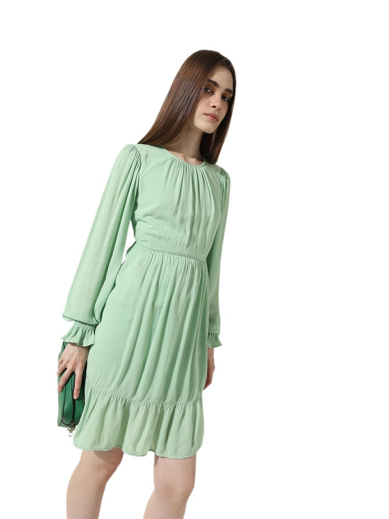 ONLY Women Solid Viscose Above Knee Green Tiered Dress - Image 1