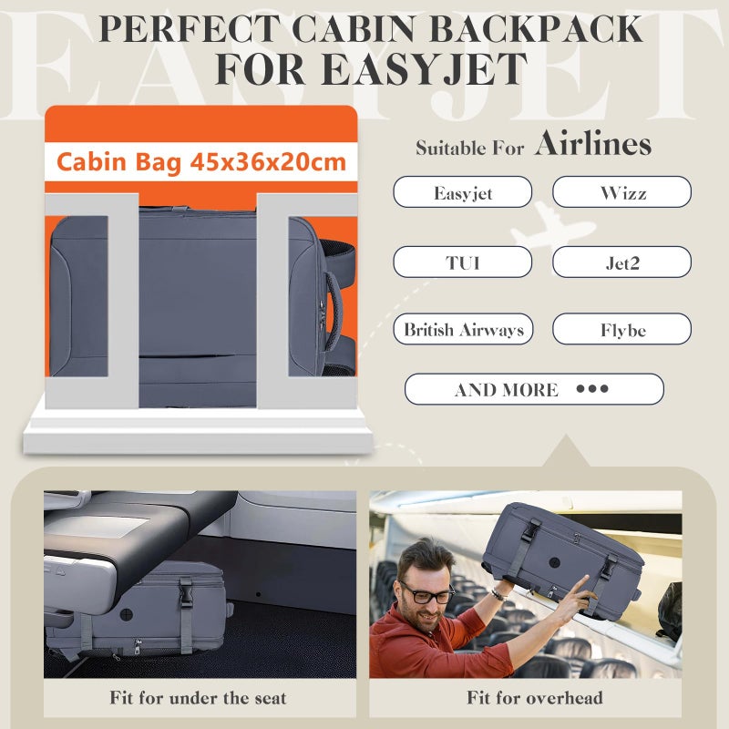 Hayayu Hayayu for Easyjet Cabin Bag 45x36x20 New Easyjet, Waterproof Underseat Cabin Bag Travel Backpack Cabin Backpack With Charging Port and Anti Theft Pocket, Dark Grey, Carry-On-31L, Easyjet Cabin Bag  - Image 2