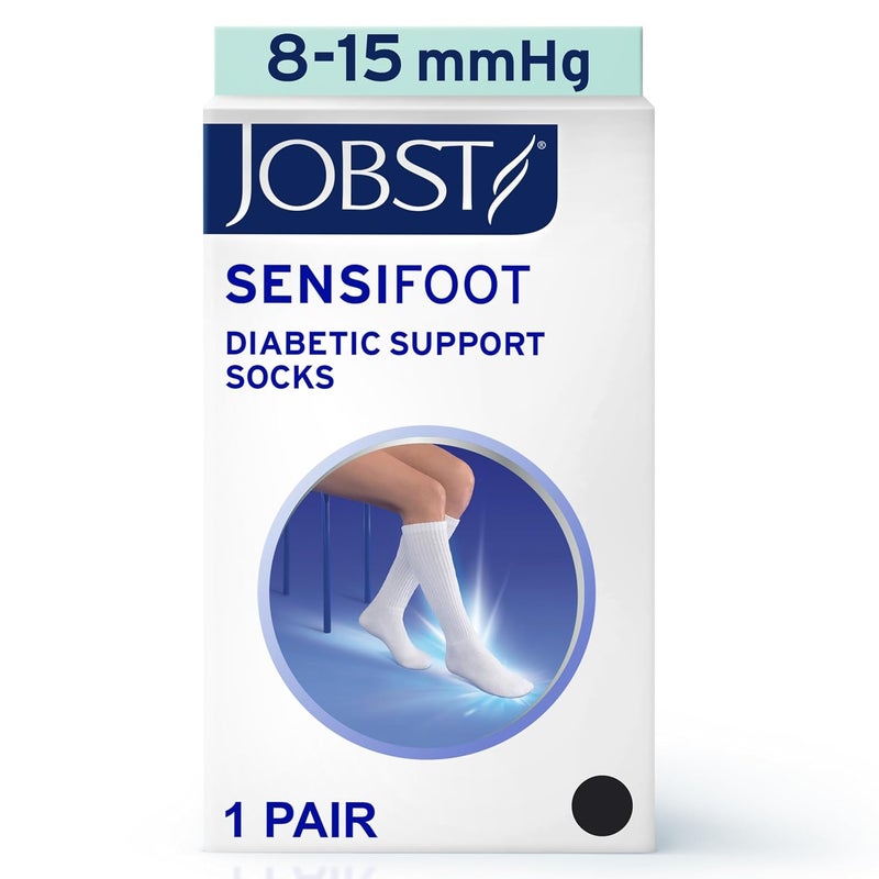 JOBST جوارب ضغط JOBST SensiFoot لمرضى السكري للرجال والنساء 815 مم زئبقي مع أصابع بدون خياطة وإدارة الرطوبة padding إضافي في منطقة الأصابع والقدم والكعب بطول الركبة بأصابع مغلقة باللون الأسود كبير - Image 2