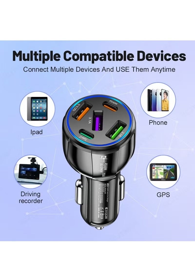 شاحن سيارة خمسة في واحد، شحن سريع 75 وات، 3 منافذ USB + 2 منافذ PD، شاحن سيارة للهاتف المحمول - Image 3
