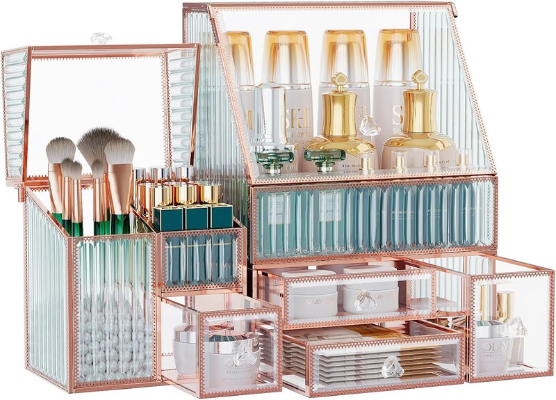 Tempered Glass Makeup Organizer Countertop - Multi-Functional 3-in-1 Cosmetic Organizer for Skincare, Lipstick, Brushes - Vanity Organizer & Bathroom Organizer and Skincare Organizer.