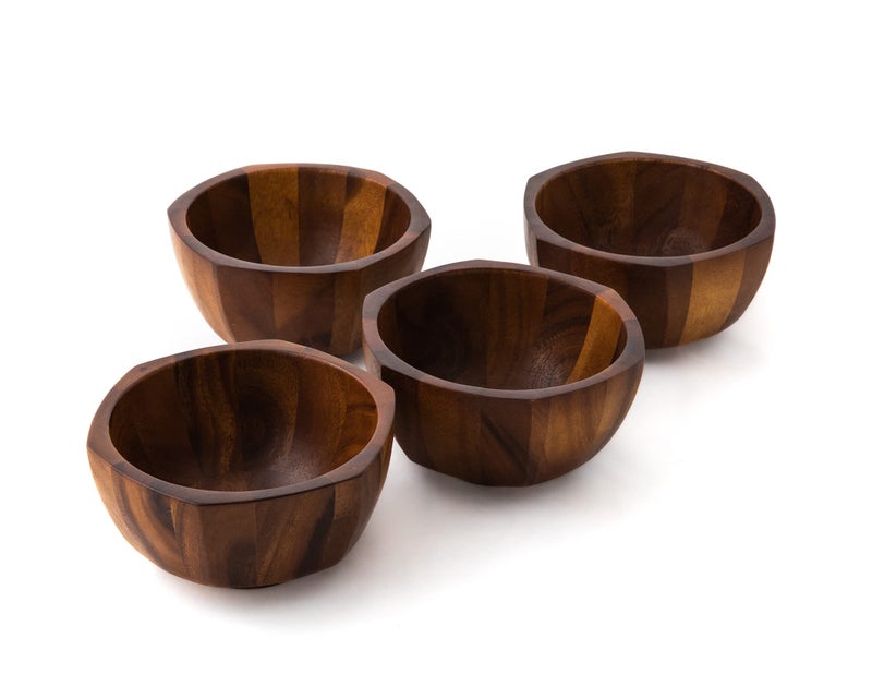 Nambe nambe Rivet Individual Salad Bowls | Set of 4 | Serve Pasta  Condiments  Dip  Fruit  Sauce  Nuts  Olives  and Salsa | Vegetable Prep Bowls | Made of Acacia Wood (7"" D x 3.5"" H) - Image 1