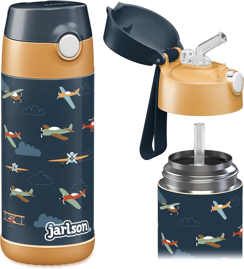 Jarlson قارورة الشرب الفولاذية المقاومة للصدأ للأطفال جارلسون شارلي [مع قشة] - ترمس مقاوم للتسرب - قارورة مياه أطفال - قارورة شرب حرارية للمدرسة والحضانة (350 مل، طائرات) - Image 1