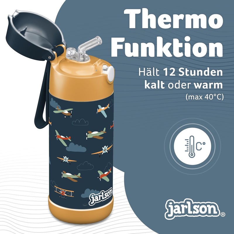 Jarlson قارورة الشرب الفولاذية المقاومة للصدأ للأطفال جارلسون شارلي [مع قشة] - ترمس مقاوم للتسرب - قارورة مياه أطفال - قارورة شرب حرارية للمدرسة والحضانة (350 مل، طائرات) - Image 2