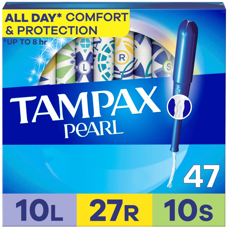 Tampax تامباكس بيرل تامبون للنساء عبوة متعددة، مع حافة مانعة للتسرب، امتصاص خفيف/عادي/فائق، بدون رائحة، 47 قطعة - Image 1