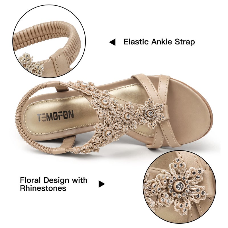 TEMOFON Women's Low Wedge Heels Summer Dressy Platform Sandals Elastic Ankle Strap Open Toe Flower Shoes Nude Size 7 - Image 4