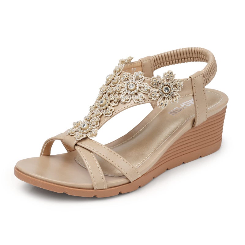 TEMOFON Women's Low Wedge Heels Summer Dressy Platform Sandals Elastic Ankle Strap Open Toe Flower Shoes Nude Size 7 - Image 1