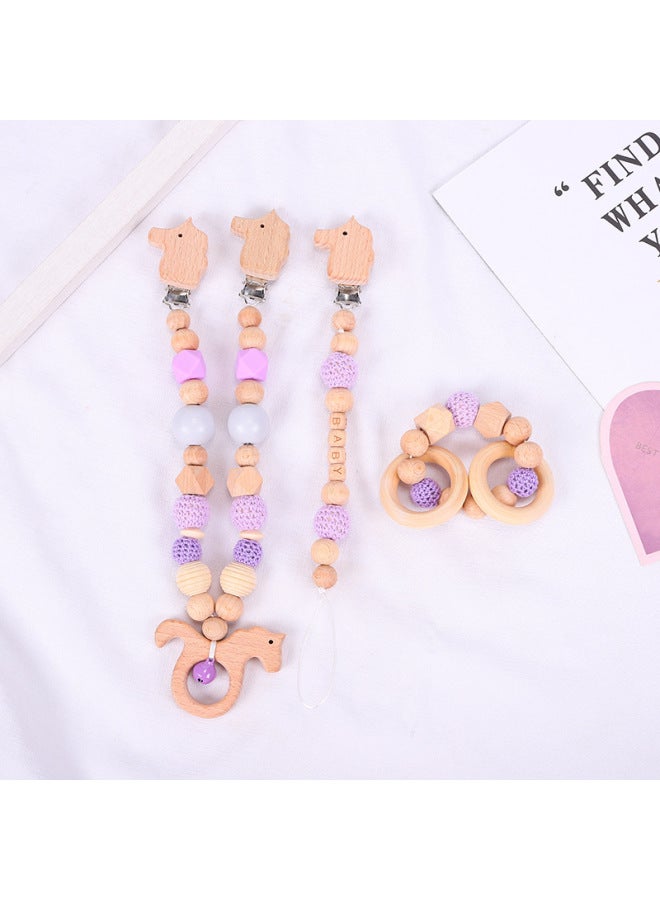 mengkai Nordic Style Baby Toy Pacifier Chain Three-piece Diy Wooden Cartoon Molar Chain Children Stroller Chain Pendant - Image 1