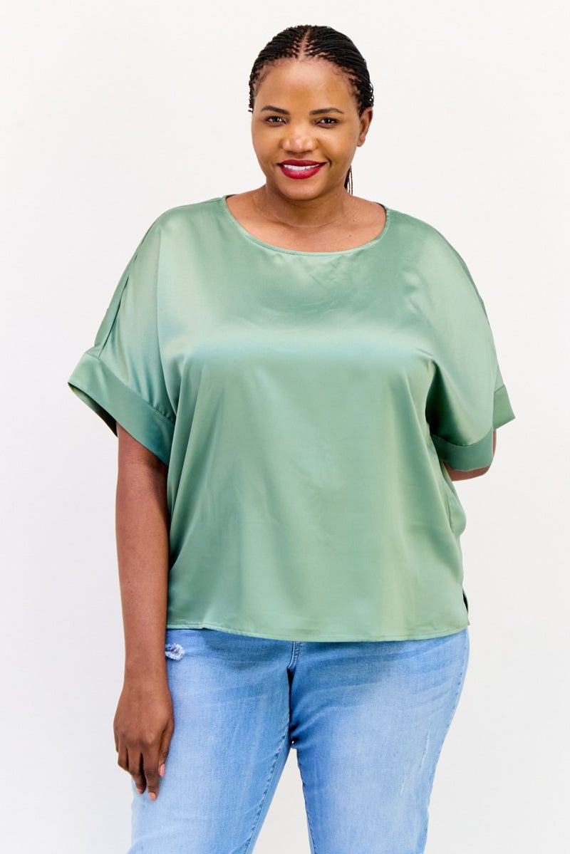VERO MODA Women Curve Fit Round Neck Short Sleeves Satin Top, Hedge Green - Image 1