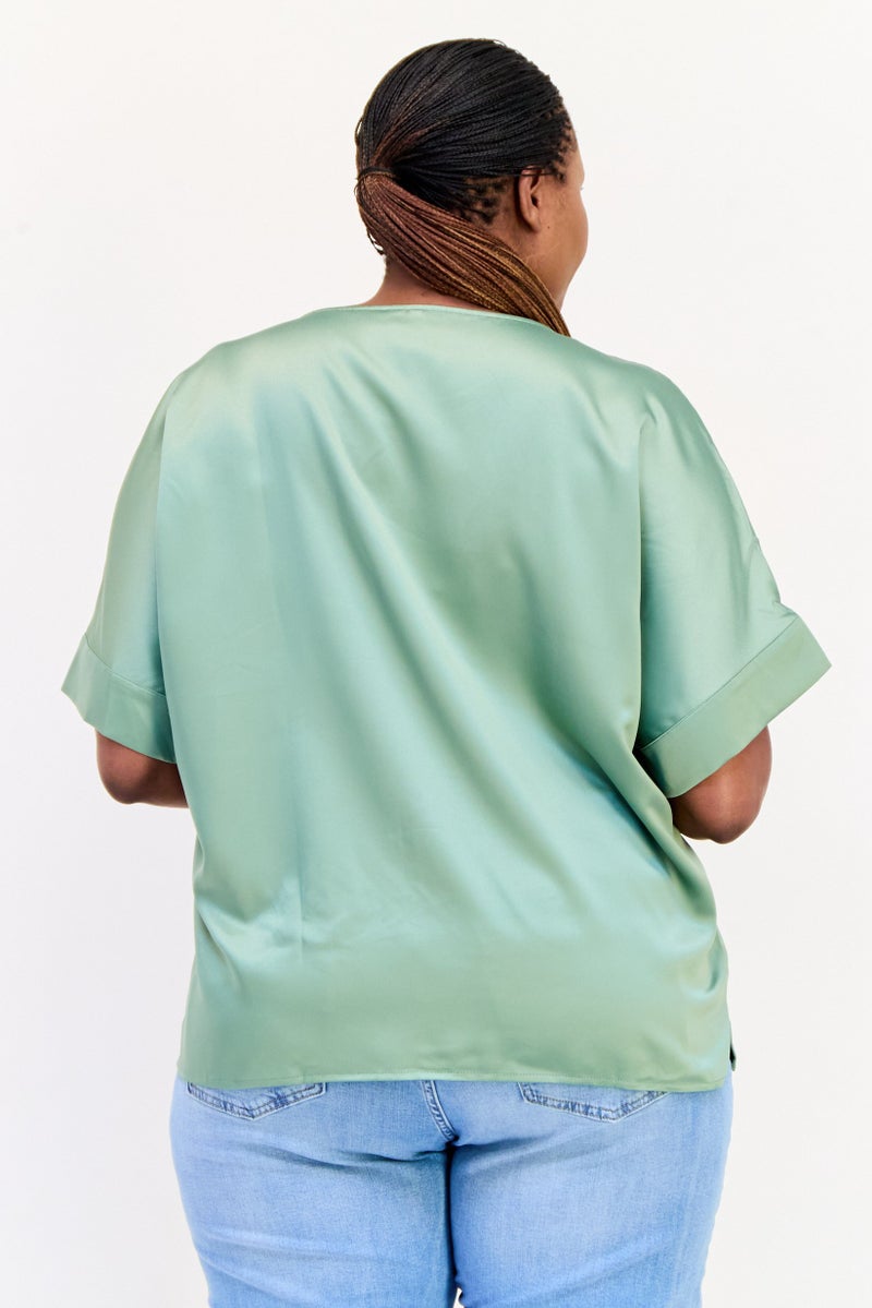 VERO MODA Women Curve Fit Round Neck Short Sleeves Satin Top, Hedge Green - Image 4