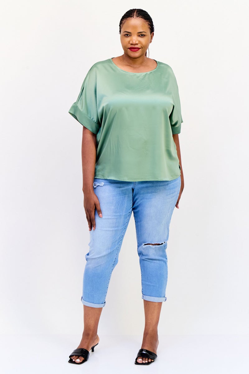 VERO MODA Women Curve Fit Round Neck Short Sleeves Satin Top, Hedge Green - Image 2