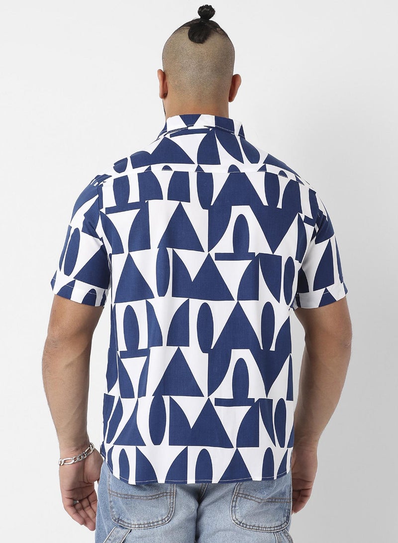 Instafab Plus Men's White & Indigo Blue Geometric Block Shirt For Casual Wear | Spread Collar | Short Sleeve | Button Closure | Heavy Rayon Shirt Crafted With Comfort Fit For Everyday Wear - Image 5