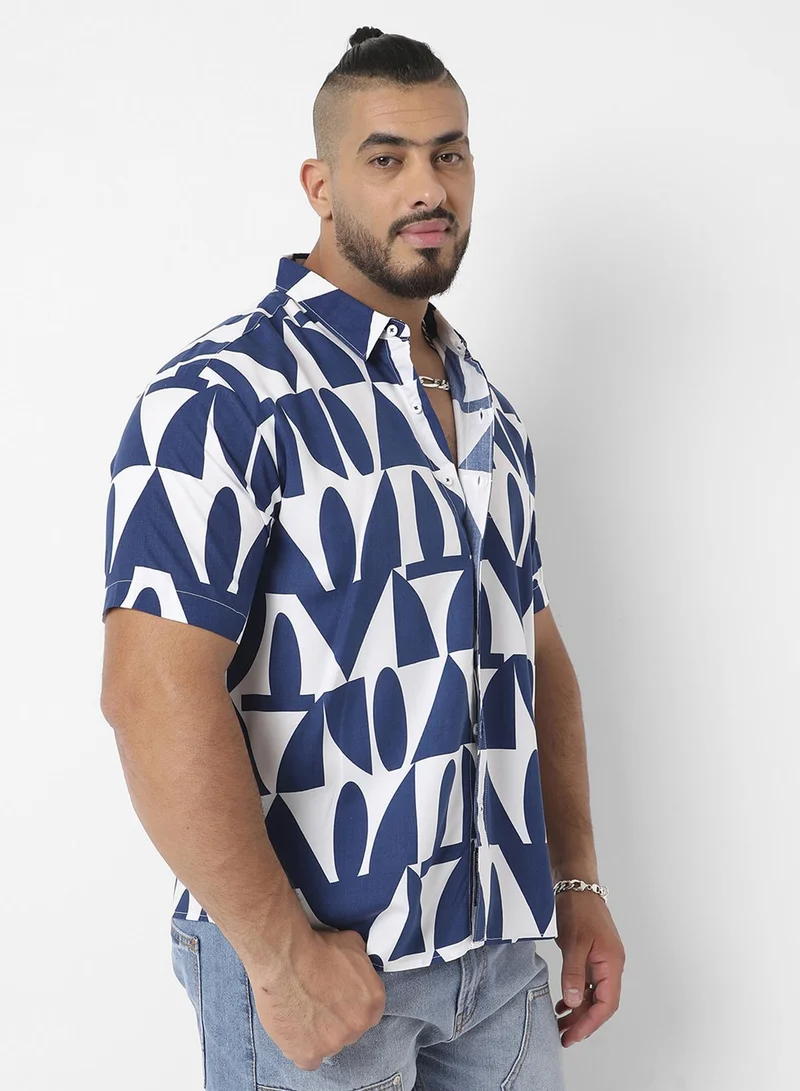 Instafab Plus  Instafab Plus Men's White & Indigo Blue Geometric Block Shirt For Casual Wear | Spread Collar | Short Sleeve | Button Closure | Heavy Rayon Shirt Crafted With Comfort Fit For Everyday Wear for Men | Best Price UAE
