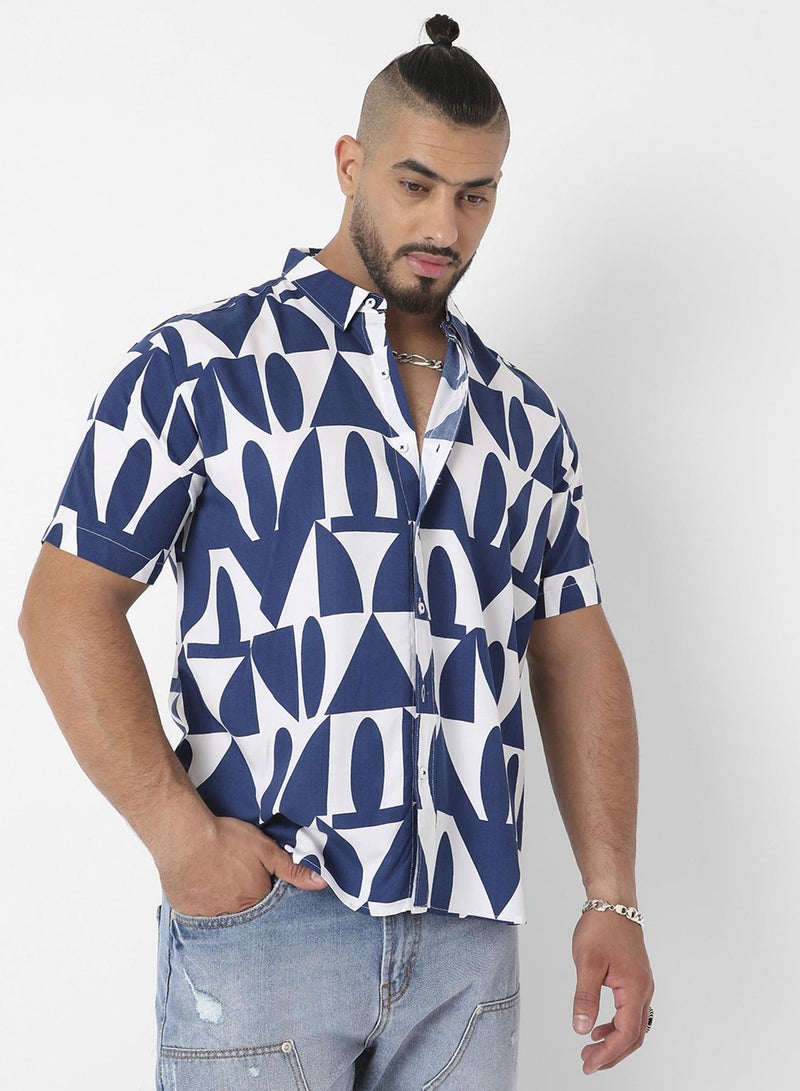 Instafab Plus Men's White & Indigo Blue Geometric Block Shirt For Casual Wear | Spread Collar | Short Sleeve | Button Closure | Heavy Rayon Shirt Crafted With Comfort Fit For Everyday Wear - Image 1