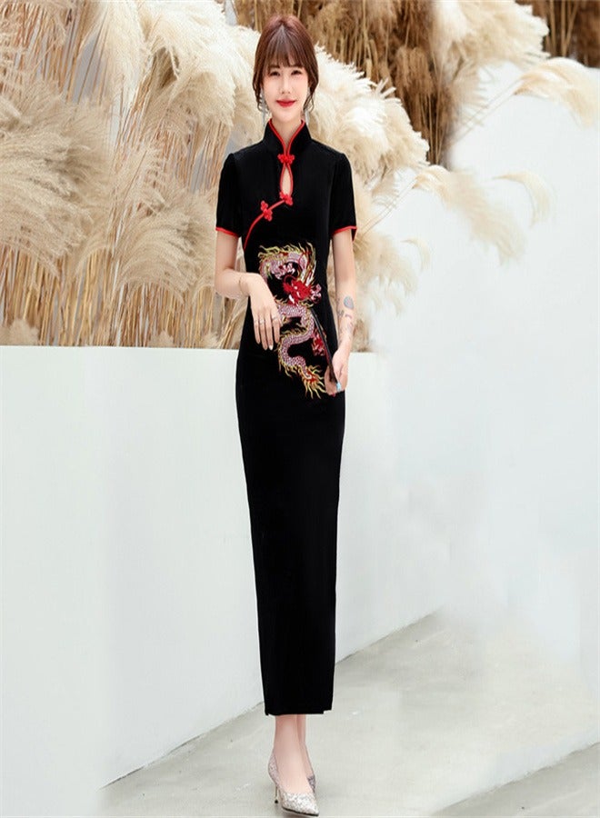 Loquat Short Sleeved Long Dress Black/Red  - Image 1