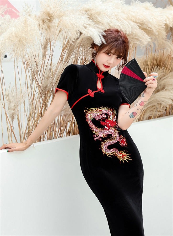 Loquat Short Sleeved Long Dress Black/Red  - Image 3