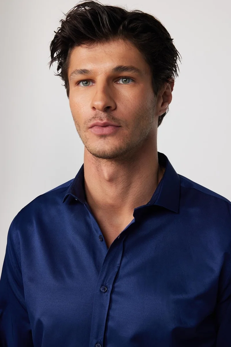 تودورس Modern Slim Fit Long Sleeve Plain Satin Cotton Navy Blue Men's Shirt