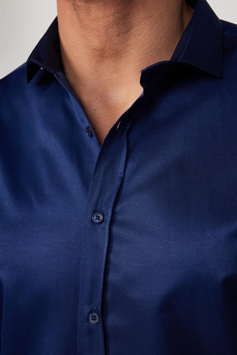 تودورس Modern Slim Fit Long Sleeve Plain Satin Cotton Navy Blue Men's Shirt