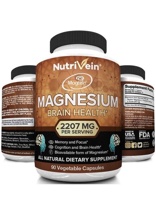 Nutrivein - Magnesium L-Threonate (Magtein) 2207mg - Boosts Brain Health, Memory & Focus, Sleep & Recovery, Reduces Fatigue - 30 Day Supply (90 Capsules, Three Daily) - Image 1