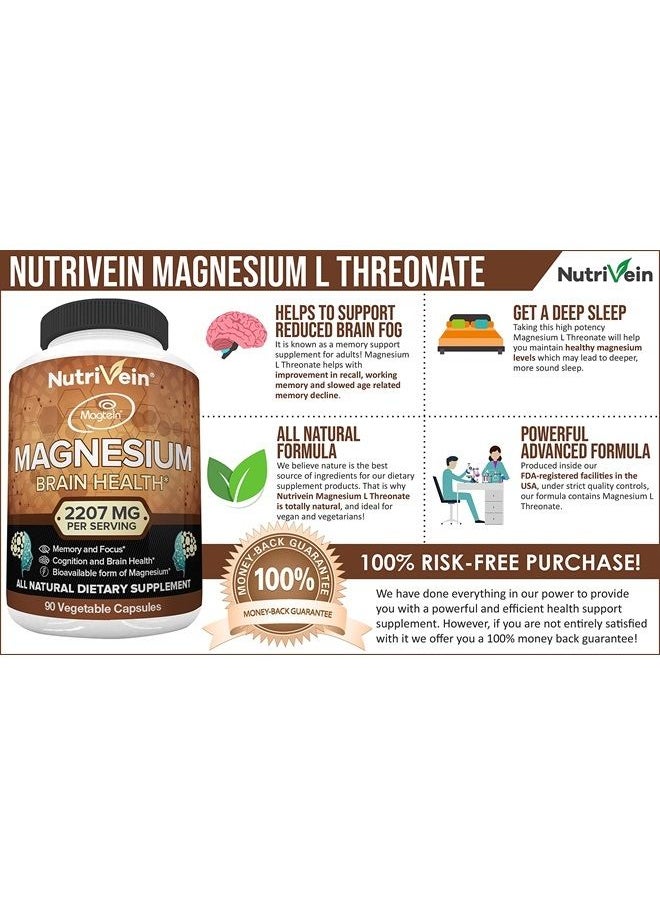 Nutrivein - Magnesium L-Threonate (Magtein) 2207mg - Boosts Brain Health, Memory & Focus, Sleep & Recovery, Reduces Fatigue - 30 Day Supply (90 Capsules, Three Daily) - Image 1