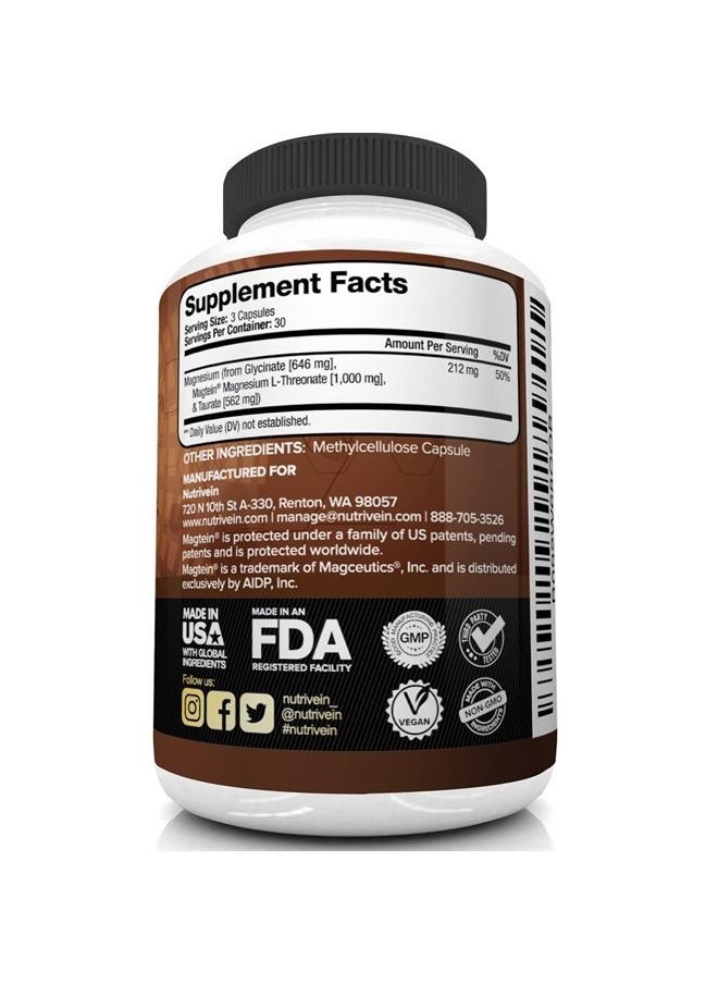 Nutrivein - Magnesium L-Threonate (Magtein) 2207mg - Boosts Brain Health, Memory & Focus, Sleep & Recovery, Reduces Fatigue - 30 Day Supply (90 Capsules, Three Daily) - Image 1