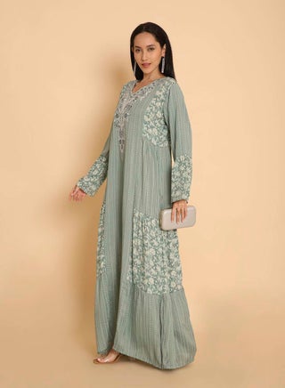 knee length dresses for ladies Aqua Blue Arabic Jalabiya with Intricate Crystal Design main image 0