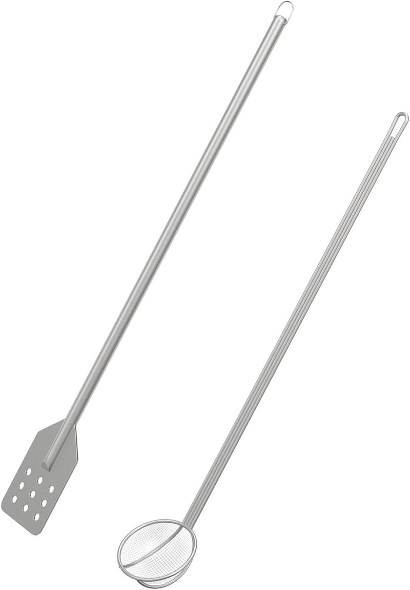 BBQ-PLUS BBQ PLUS 42 Inch Crawfish/Crab Boil Mixing Stir Paddle and Wire Mesh Skimmer Spoon Fryer with Long Handle for Stockpots and Fry Pots,Large Stirring Paddle Skimmer Ladle Accessories - Image 1