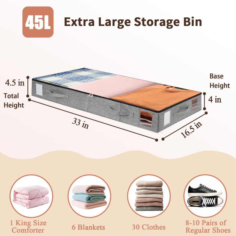 combocube 2 Pack Under Bed Storage Containers, 4.5" Low Profile Underbed Storage Bins with Sturdy Support, Stackable Space Saving Organizer with 4 Handles & Label Windows for Shoes Clothes Blankets - Image 4