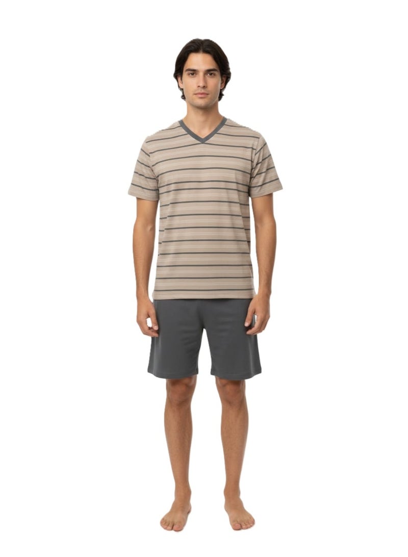Men Summer Pajama Set Striper Top & Plain Short