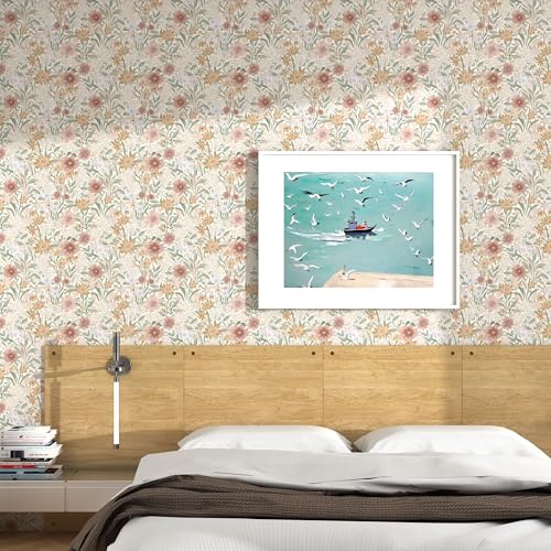 tiltil Peel and Stick Wallpaper Floral Contact Paper Boho 17.3"x78.8" Vintage Self-Adhesive Wallpaper Beige Removable Decorative Contact Paper for Cabinets and Drawers Bathroom Wallpapers Vinyl Roll - Image 2