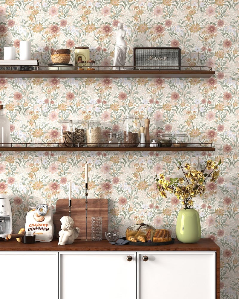 tiltil Peel and Stick Wallpaper Floral Contact Paper Boho 17.3"x78.8" Vintage Self-Adhesive Wallpaper Beige Removable Decorative Contact Paper for Cabinets and Drawers Bathroom Wallpapers Vinyl Roll - Image 5