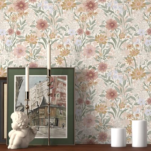 tiltil Peel and Stick Wallpaper Floral Contact Paper Boho 17.3"x78.8" Vintage Self-Adhesive Wallpaper Beige Removable Decorative Contact Paper for Cabinets and Drawers Bathroom Wallpapers Vinyl Roll - Image 1