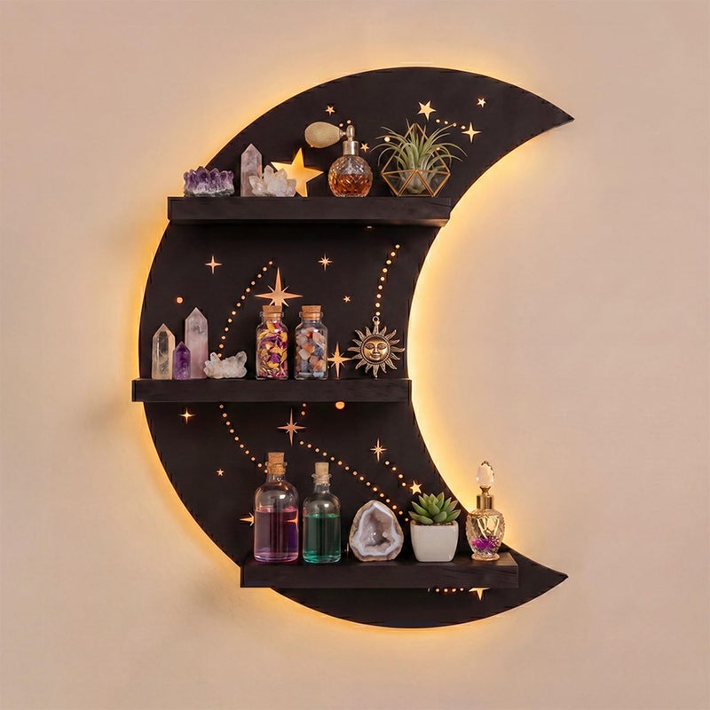 FNYDOX Crescent Moon Shelf with LED Light Trinket Shelf Moon Wall Light for Rocks Gems Healing Stones Crystals Display Shelf Celestial Decor Crystal Holder Witchy Wall Decor - Image 2