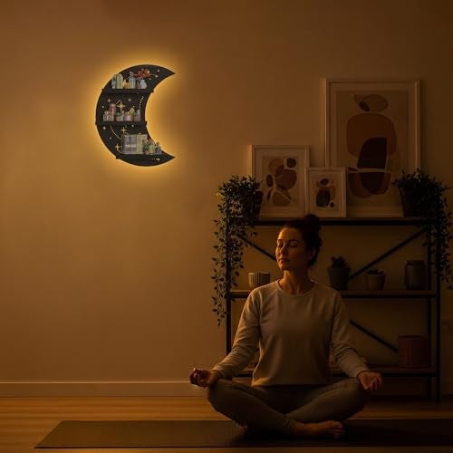 FNYDOX Crescent Moon Shelf with LED Light Trinket Shelf Moon Wall Light for Rocks Gems Healing Stones Crystals Display Shelf Celestial Decor Crystal Holder Witchy Wall Decor - Image 3