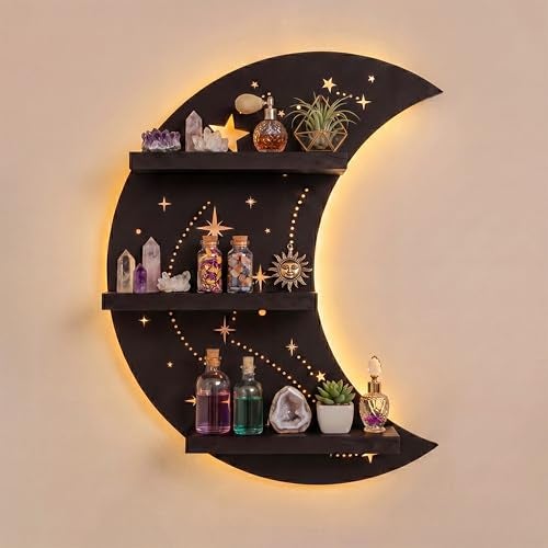 FNYDOX Crescent Moon Shelf with LED Light Trinket Shelf Moon Wall Light for Rocks Gems Healing Stones Crystals Display Shelf Celestial Decor Crystal Holder Witchy Wall Decor - Image 1