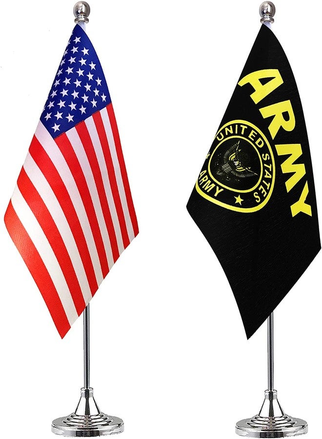 WXTWK 2 Pack American USA Gold Crest Desk Flag Small Mini US Military Table Flags With Stand Base,United States Army Festival Events Celebration Decorations - Image 1